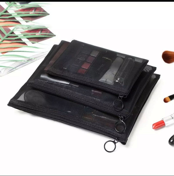 3 Pieces Black Mesh Makeup Bag Zipper Pouch