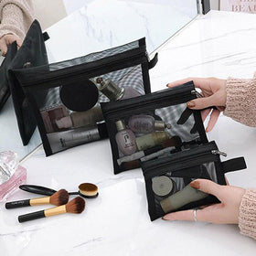 3 Pieces Black Mesh Makeup Bag Zipper Pouch