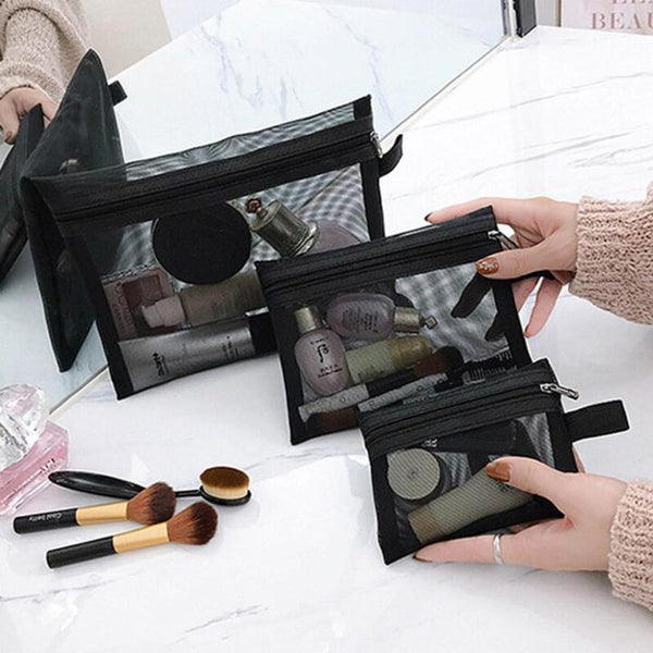3 Pieces Black Mesh Makeup Bag Zipper Pouch