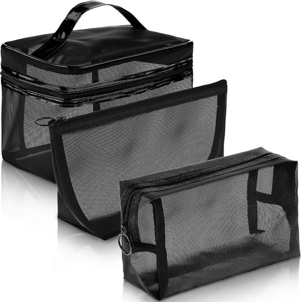 3 Pieces Black Mesh Makeup Bag Zipper Pouch